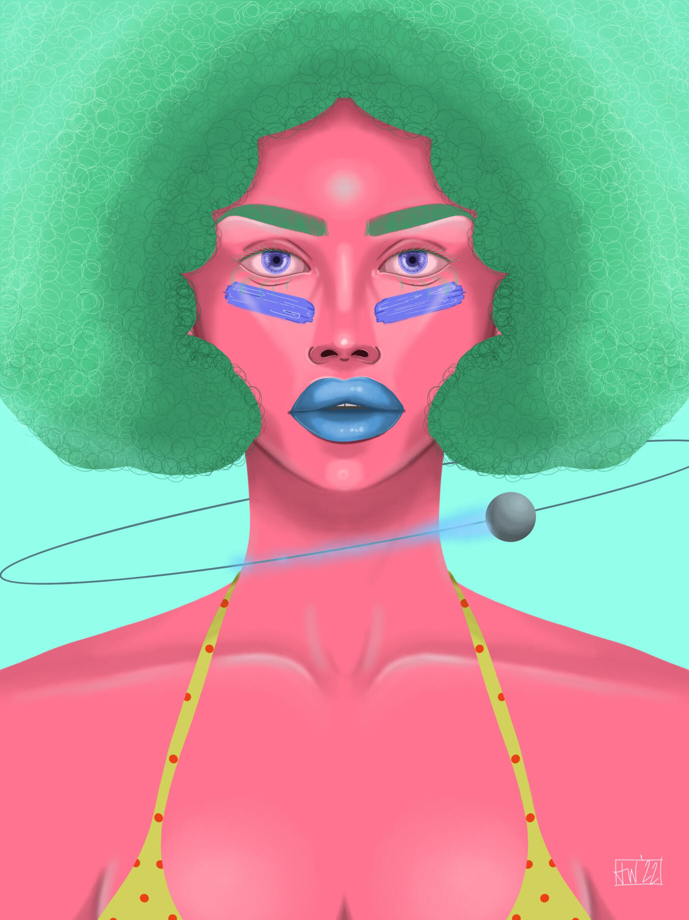 Digital Illustration of a girl with pink skin and a big green Afro by Taylor Williams