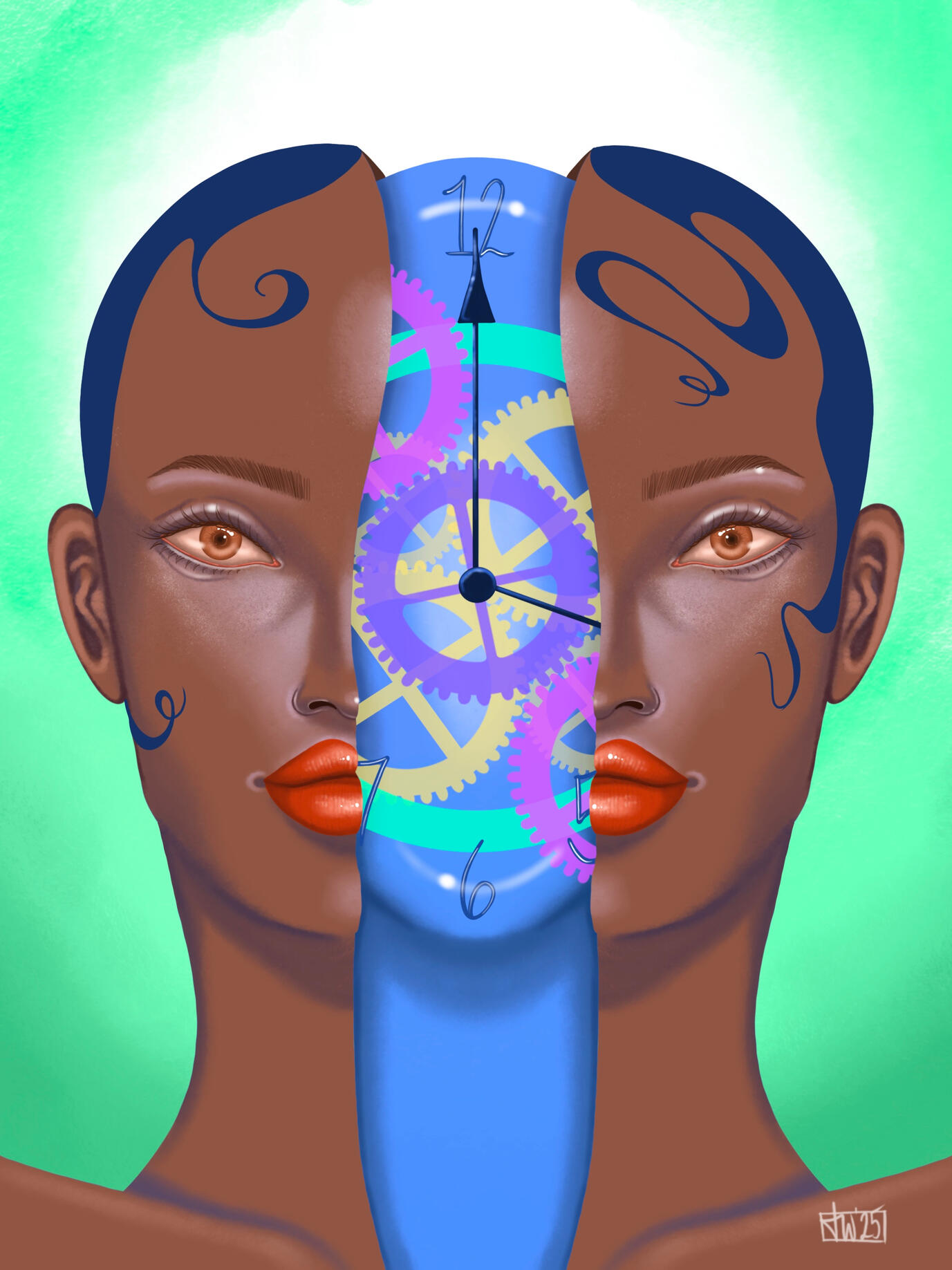 “Persistence” by Taylor Williams Digital illustration of a girl with slick down hair being split to reveal a clock and its gears.