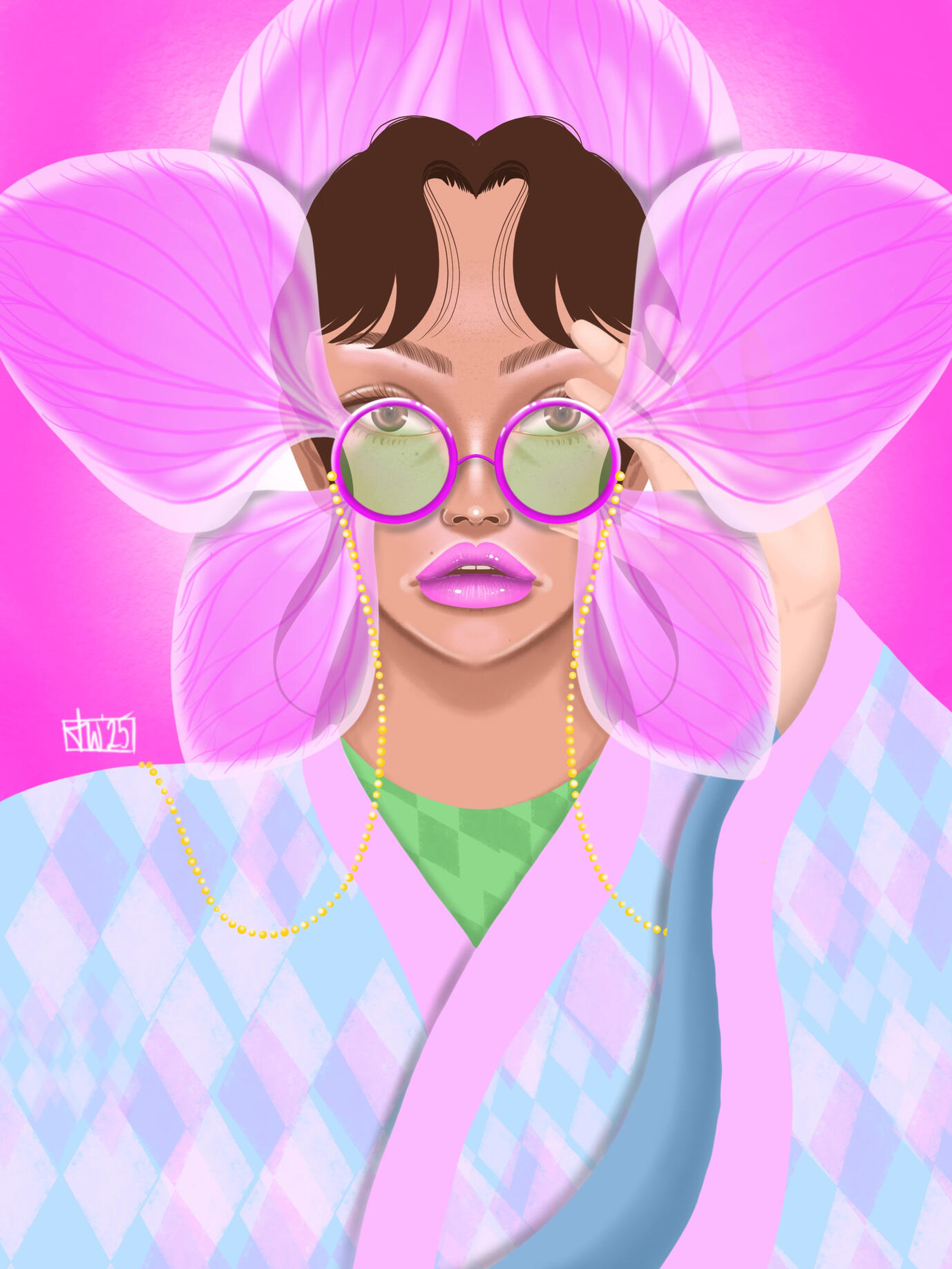 “Orchid” by Taylor Williams Digital illustration of a girl wearing pink glasses with large orchid petals by Taylor Williams.
