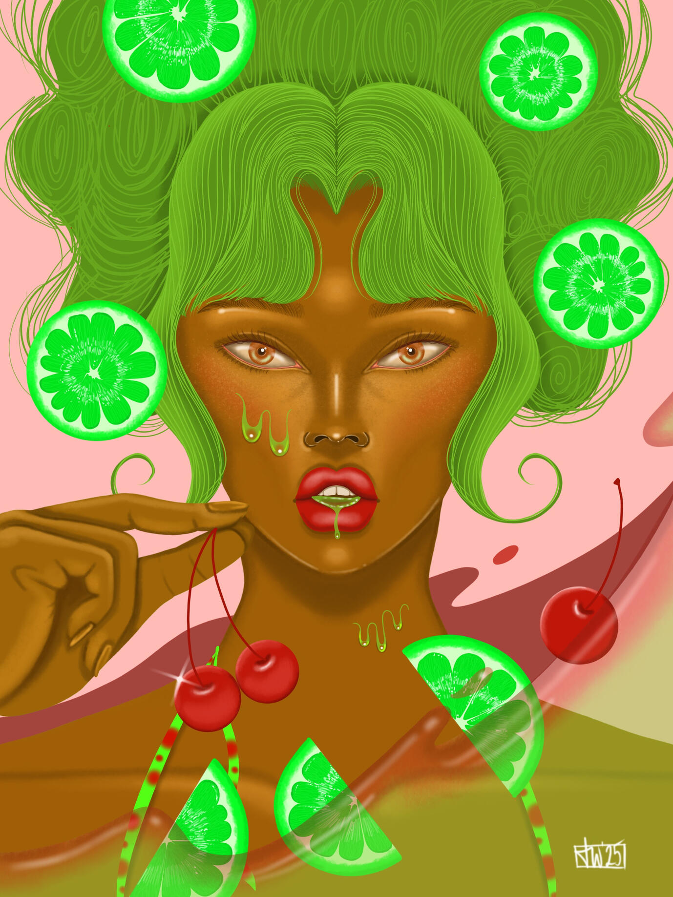 Digital Illustration of a green-haired girl with lemon slices in her hair and holding cherries, surrounded by flavored juice by Taylor Williams.