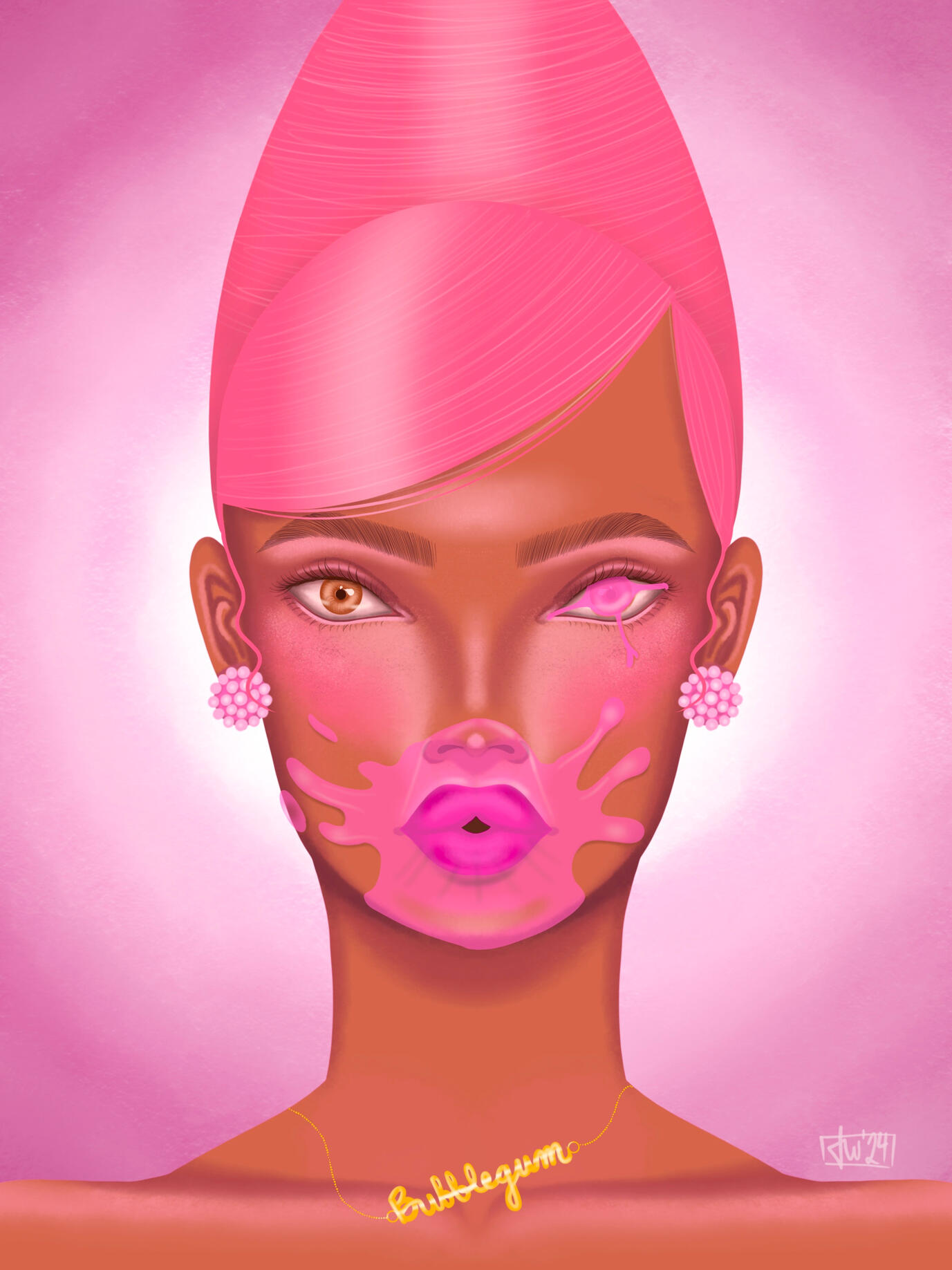 Digital illustration of a pink-haired girl with bubblegum stuck to her face and in her eye by Taylor Williams.
