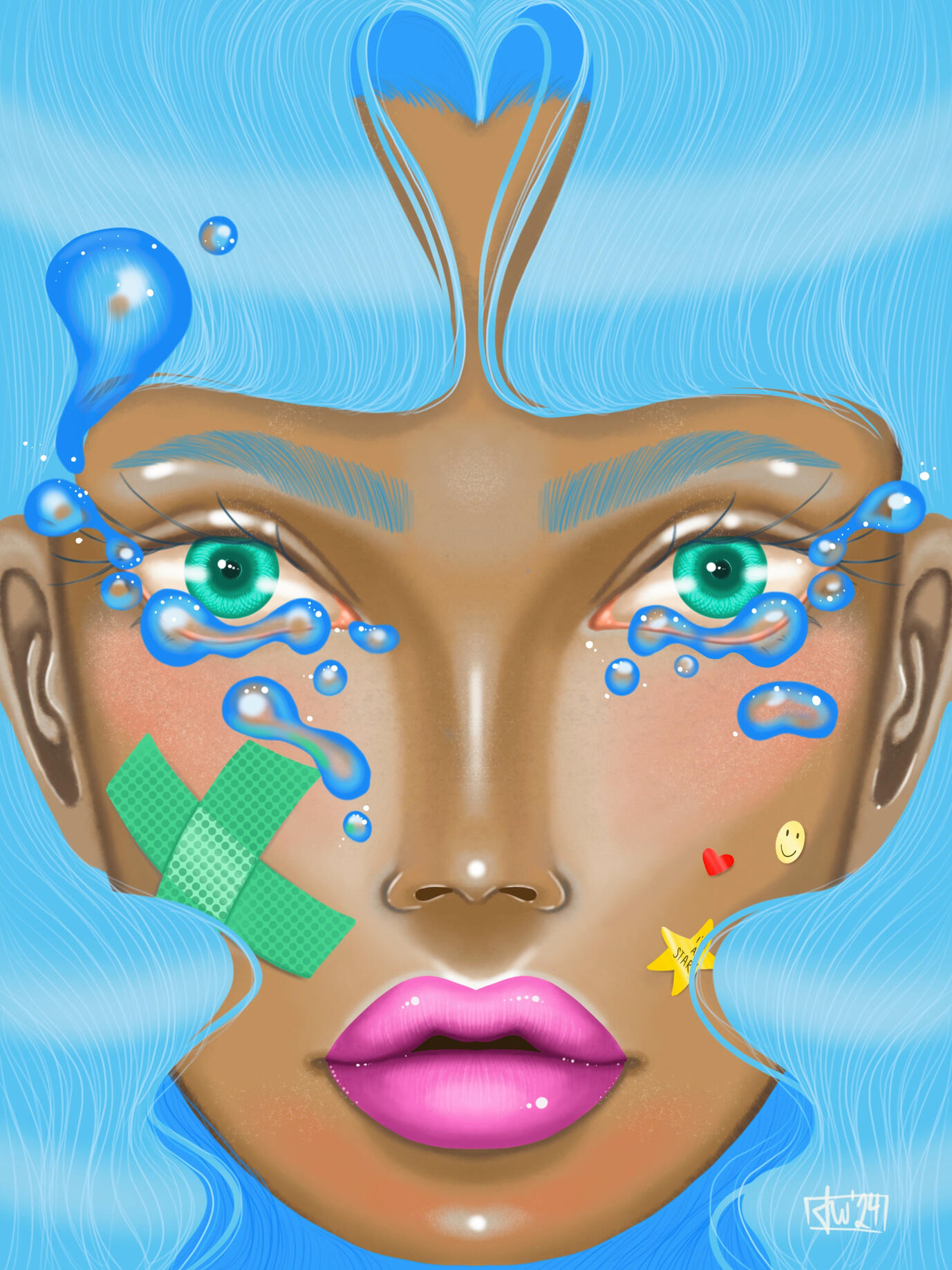 Digital illustration of a girl with stickers and band-aids on her face with tears floating from her big eyes.