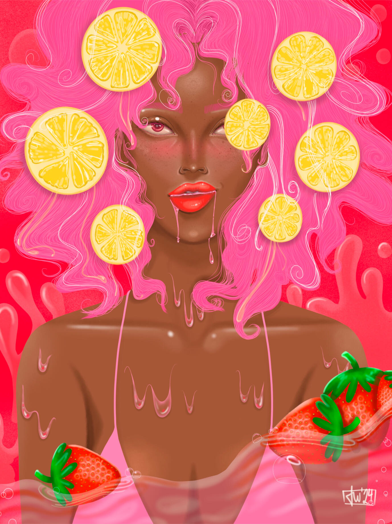 Digital illustration of the pink-haired girl with lemon slices in her hair and strawberries floating in the juice she is submerged in.